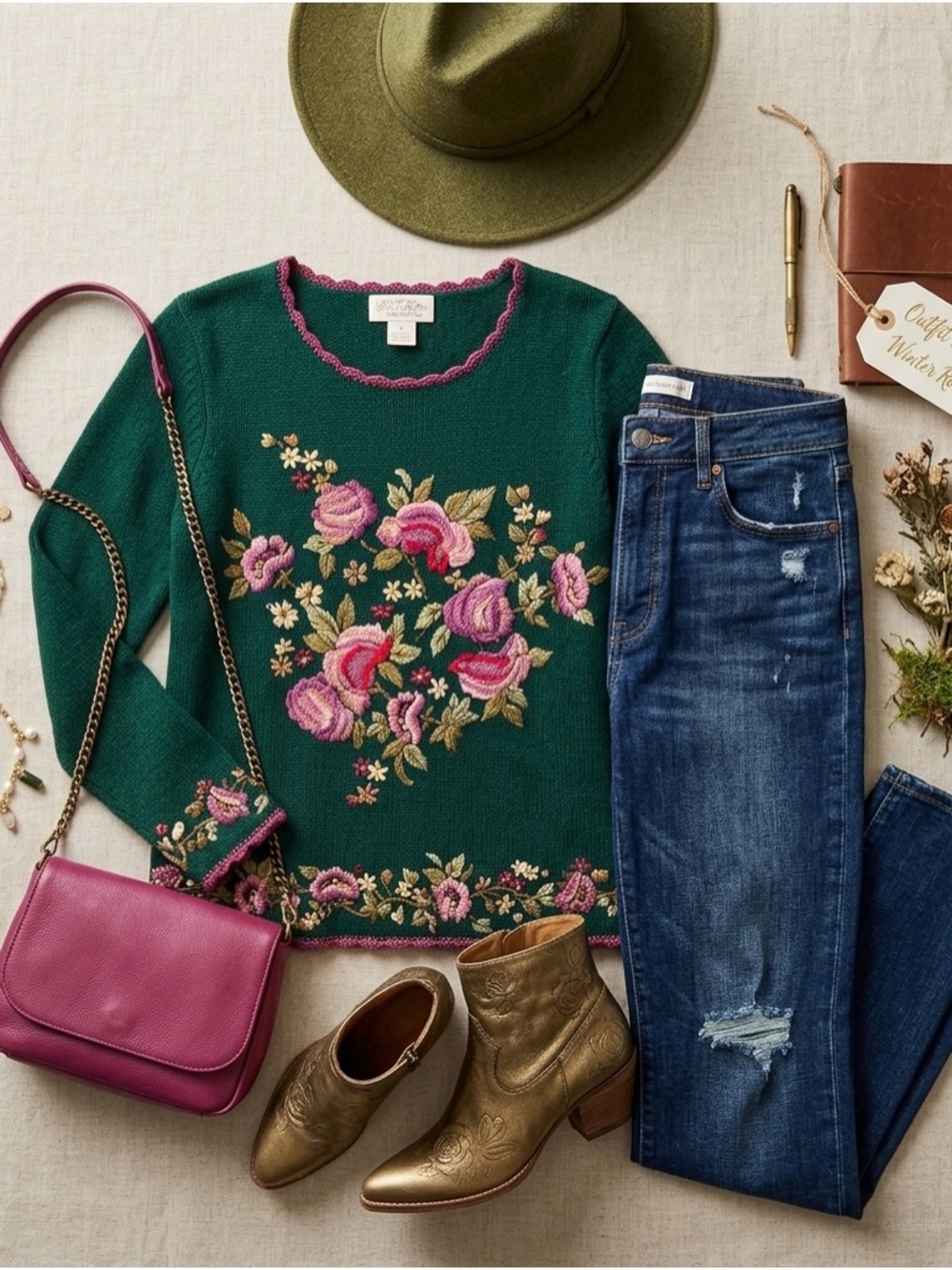 Vintage Candor Embroidered Floral Sweater Small Green Ramie Cotton Scalloped